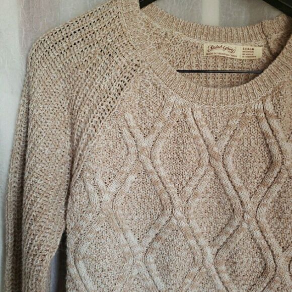 Faded Glory Sweater Size L Ivory Cable Knit Pullover Oatmeal Marl Cotton Blend - Picture 3 of 10